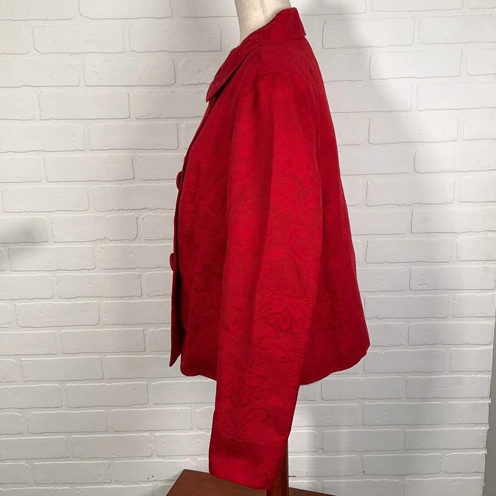 Talbots Jacket Women L Red Jacquard‎ Floral Double Breasted Button Party Formal